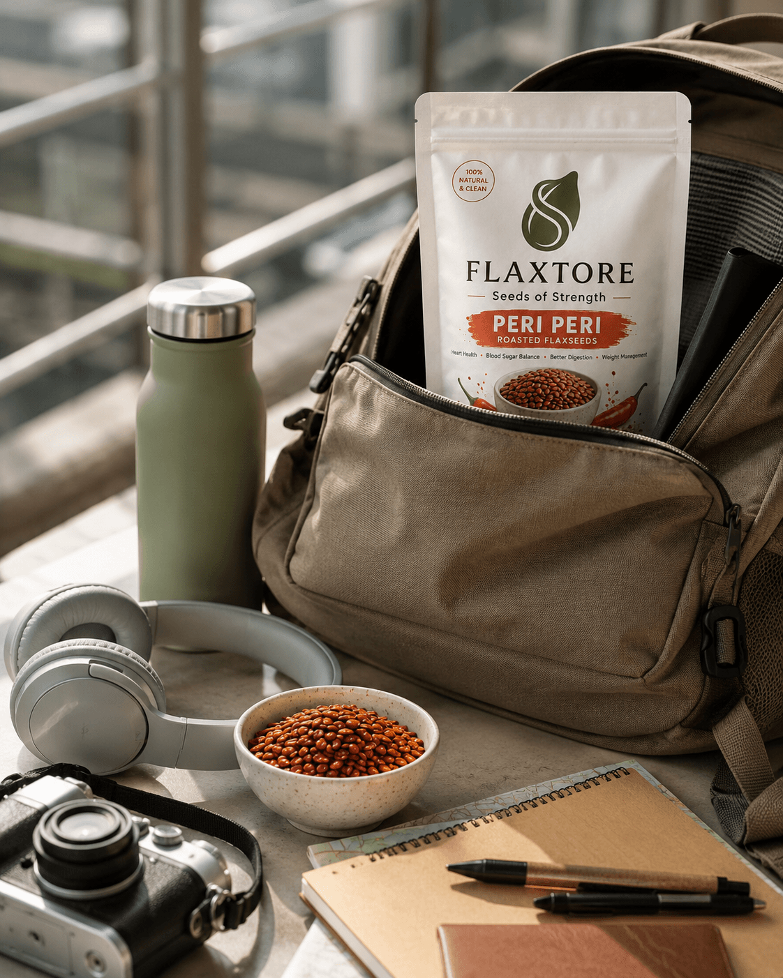 Flaxtore packed for travel, on the go